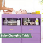 Commode de chambre d'enfant multifonctionnelle à 6 tiroirs, table à langer moderne avec lumières et station de charge, table à langer convertible pour chambre à coucher