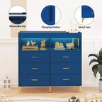 Commode de chambre d'enfant multifonctionnelle à 6 tiroirs, table à langer moderne avec lumières et station de charge, table à langer convertible pour chambre à coucher