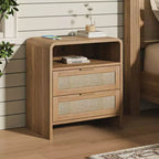 Rustic Nightstand with Charging Station LED/Night Light 2-Drawer Rattan Detail Wood & Rattan 22.8 (W1820P410556)
