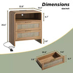 Table de chevet rustique avec station de recharge Lumière LED/veilleuse 2 tiroirs Détail en rotin Bois et rotin 22,8 (L1820P410556)