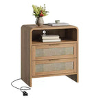 Table de chevet rustique avec station de recharge Lumière LED/veilleuse 2 tiroirs Détail en rotin Bois et rotin 22,8 (L1820P410556)