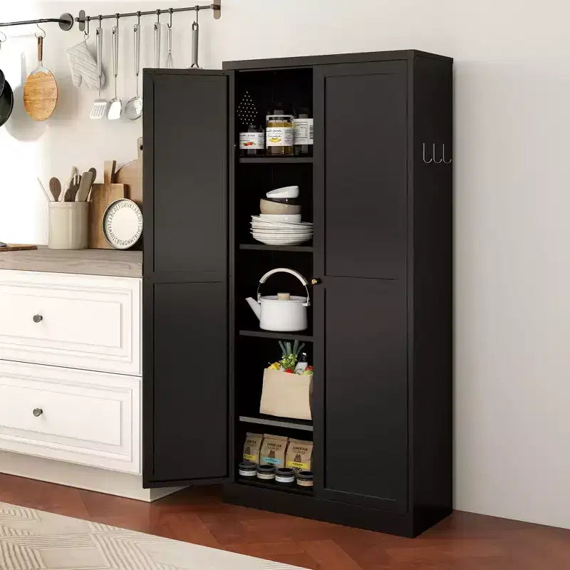 Meuble de rangement de cuisine en métal noir de 61 po, 4 étagères réglables Capacité de 110 lb, Organisateur autoportant robuste