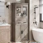 67Meuble de Rangement Salle de Bain Autoportant Haut4 Portes, Tiroir en Verre Dépoli, Étagères Réglables, Organisateur Gain de Place pour Cuisine, Salon, Salle de Bain