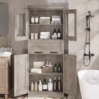 67Meuble de Rangement Salle de Bain Autoportant Haut4 Portes, Tiroir en Verre Dépoli, Étagères Réglables, Organisateur Gain de Place pour Cuisine, Salon, Salle de Bain