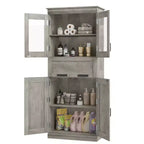 67Meuble de Rangement Salle de Bain Autoportant Haut4 Portes, Tiroir en Verre Dépoli, Étagères Réglables, Organisateur Gain de Place pour Cuisine, Salon, Salle de Bain