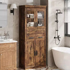 67Meuble de Rangement Salle de Bain Autoportant Haut4 Portes, Tiroir en Verre Dépoli, Étagères Réglables, Organisateur Gain de Place pour Cuisine, Salon, Salle de Bain