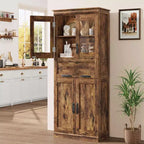 67Tall Freestanding Bathroom Storage Cabinet4 Doors, Fold Glass Drawer, Adjustable Shelves, Space-Saving Organizer for Kitchen Living Room Bathroom