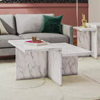 Table basse à deux niveaux en faux marbre blanc, table de luxe pratique en bois composite pour salon moderne