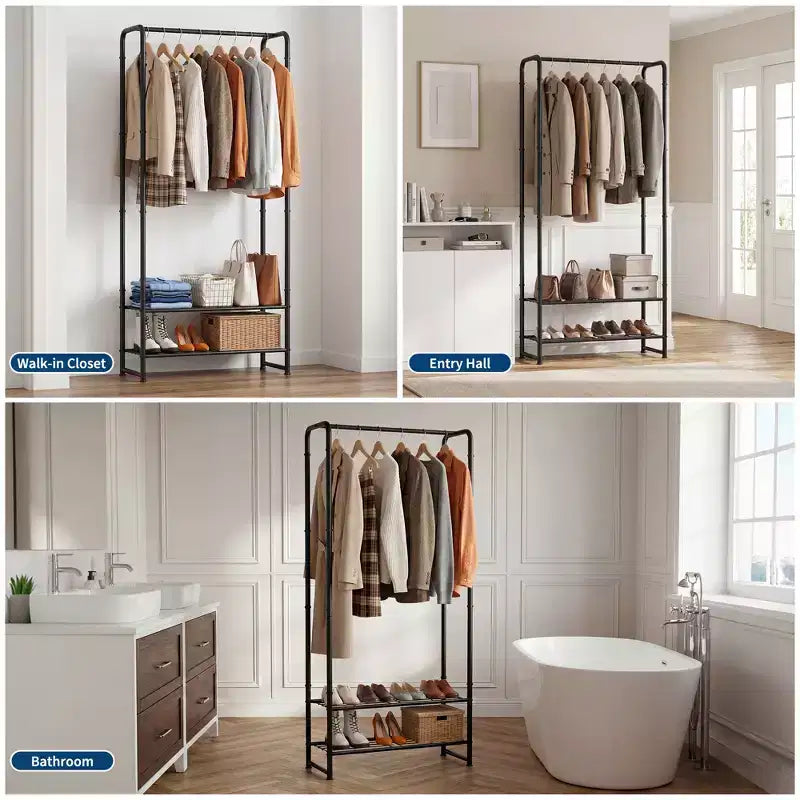 Porte-vêtements avec doubles étagères de rangement, Organisateur portable 2-en-1 en métal pour vêtements et manteaux, pour Chambre à coucher, placard, entrée, couloir