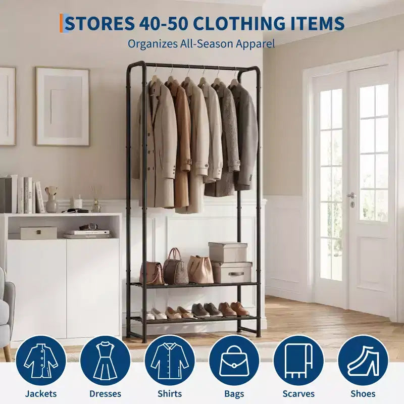 Porte-vêtements avec doubles étagères de rangement, Organisateur portable 2-en-1 en métal pour vêtements et manteaux, pour Chambre à coucher, placard, entrée, couloir