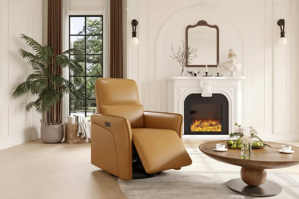 Fauteuil inclinable pivotant à 360° avec port de chargement USB, fauteuil inclinable en similicuir avec siège profond et support lombaire réglable pour le salon