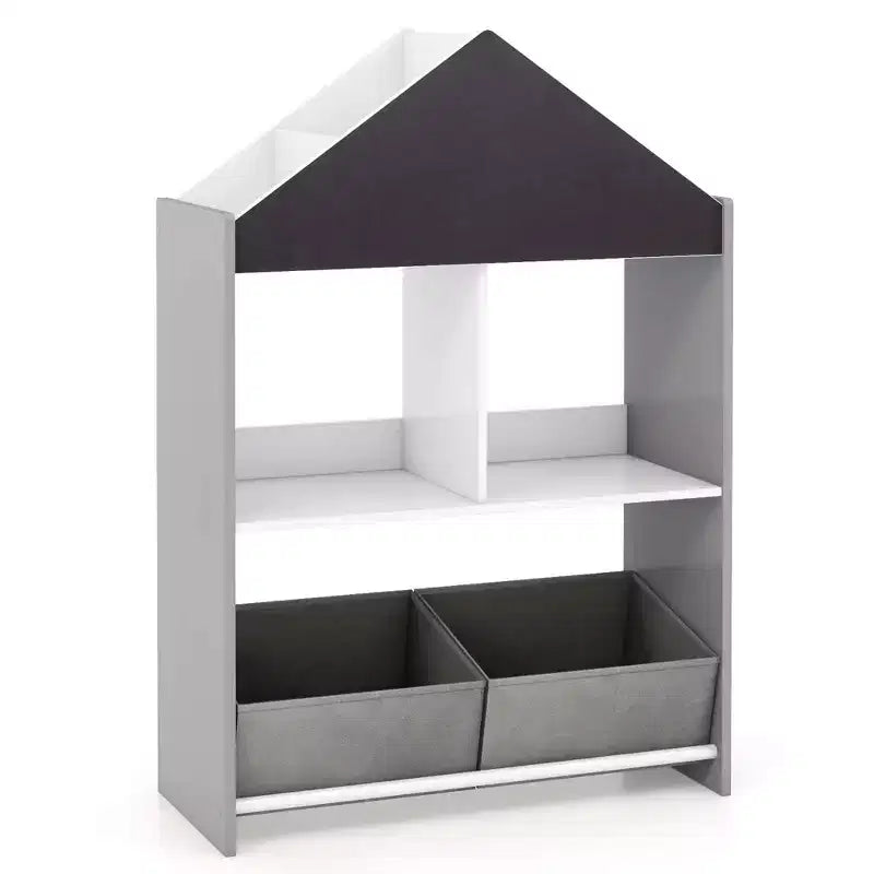 Bibliothèque Maison de Poupées pour Enfants avec Tableau Noir et Blanc, 4 Compartiments Supérieurs Gris/Rose