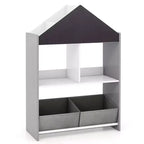 Bibliothèque Maison de Poupées pour Enfants avec Tableau Noir et Blanc, 4 Compartiments Supérieurs Gris/Rose