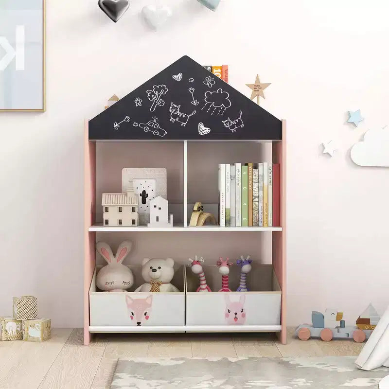 Bibliothèque Maison de Poupées pour Enfants avec Tableau Noir et Blanc, 4 Compartiments Supérieurs Gris/Rose