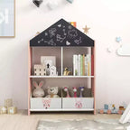 Bibliothèque Maison de Poupées pour Enfants avec Tableau Noir et Blanc, 4 Compartiments Supérieurs Gris/Rose