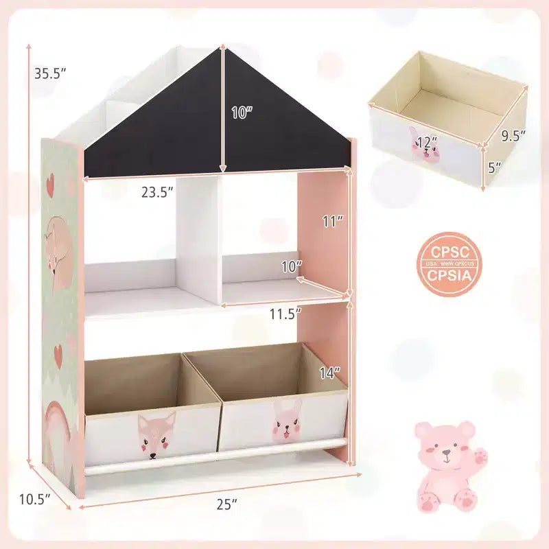 Bibliothèque Maison de Poupées pour Enfants avec Tableau Noir et Blanc, 4 Compartiments Supérieurs Gris/Rose