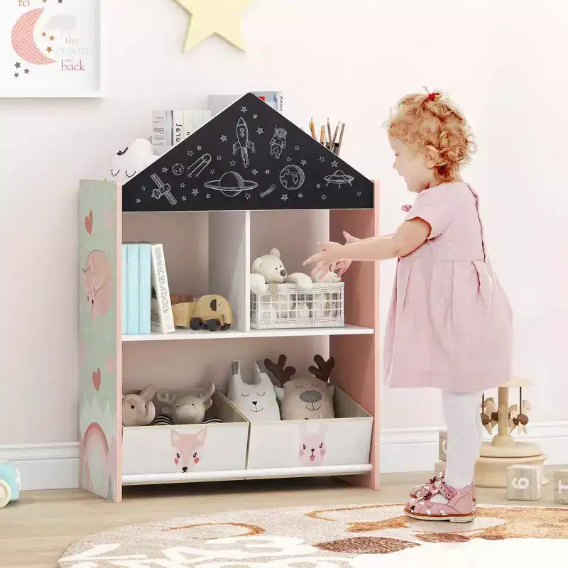 Bibliothèque Maison de Poupées pour Enfants avec Tableau Noir et Blanc, 4 Compartiments Supérieurs Gris/Rose