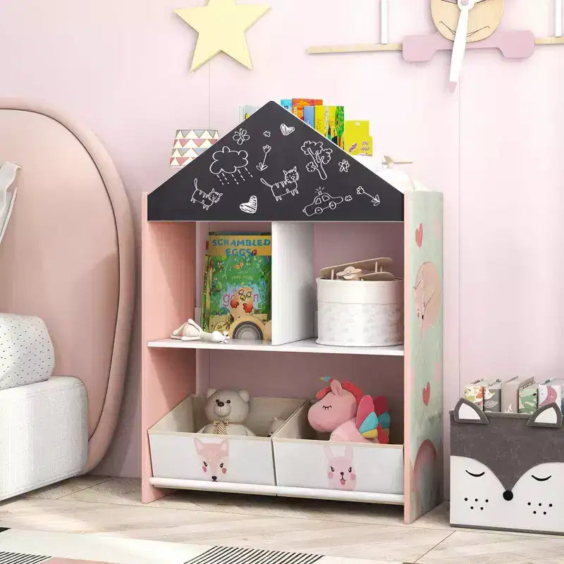 Bibliothèque Maison de Poupées pour Enfants avec Tableau Noir et Blanc, 4 Compartiments Supérieurs Gris/Rose