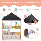 Bibliothèque Maison de Poupées pour Enfants avec Tableau Noir et Blanc, 4 Compartiments Supérieurs Gris/Rose