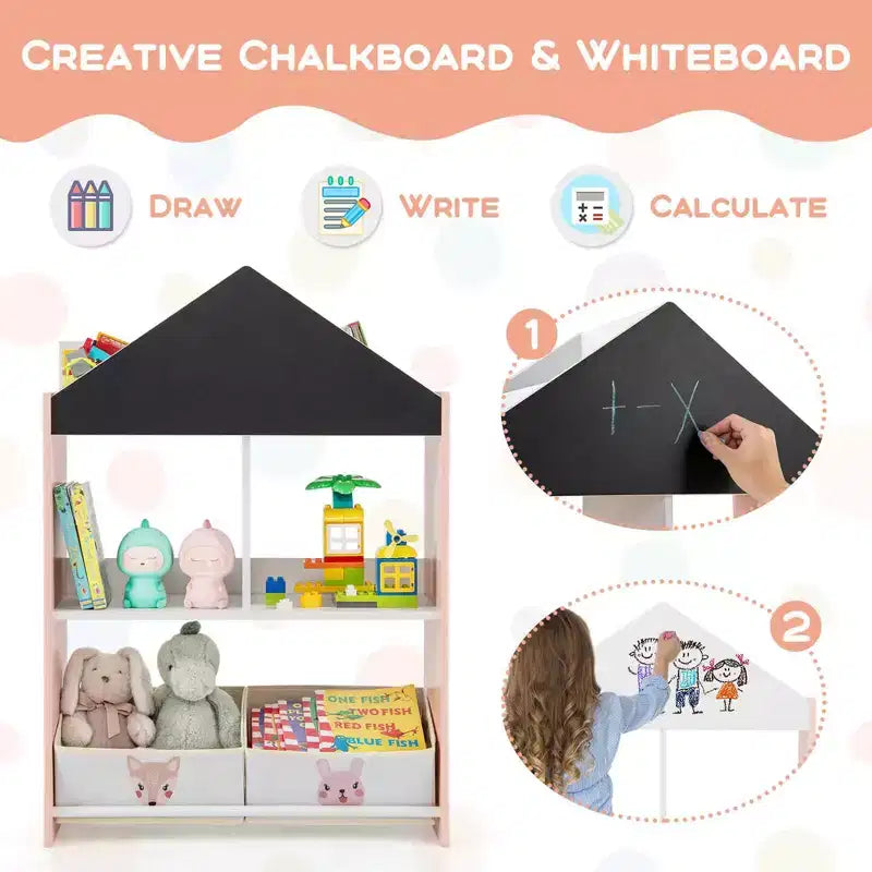 Bibliothèque Maison de Poupées pour Enfants avec Tableau Noir et Blanc, 4 Compartiments Supérieurs Gris/Rose