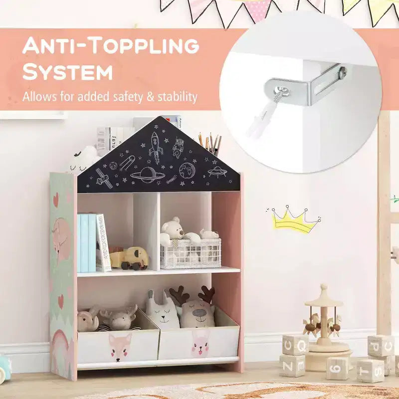 Bibliothèque Maison de Poupées pour Enfants avec Tableau Noir et Blanc, 4 Compartiments Supérieurs Gris/Rose