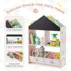 Bibliothèque Maison de Poupées pour Enfants avec Tableau Noir et Blanc, 4 Compartiments Supérieurs Gris/Rose