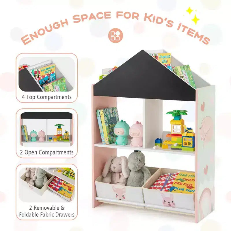 Bibliothèque Maison de Poupées pour Enfants avec Tableau Noir et Blanc, 4 Compartiments Supérieurs Gris/Rose