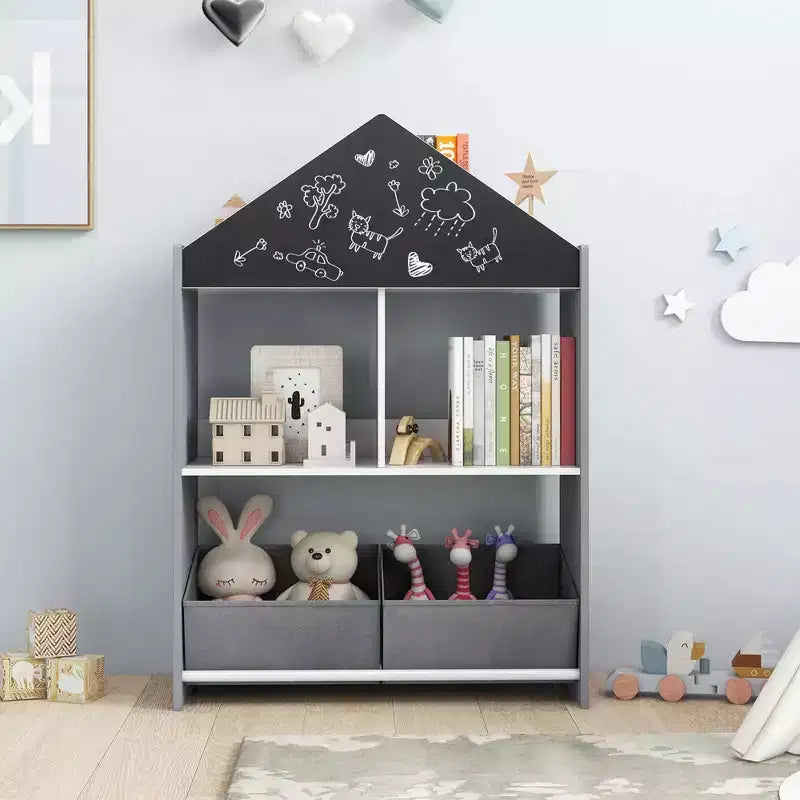 Bibliothèque Maison de Poupées pour Enfants avec Tableau Noir et Blanc, 4 Compartiments Supérieurs Gris/Rose
