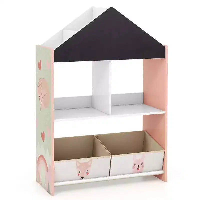 Bibliothèque Maison de Poupées pour Enfants avec Tableau Noir et Blanc, 4 Compartiments Supérieurs Gris/Rose