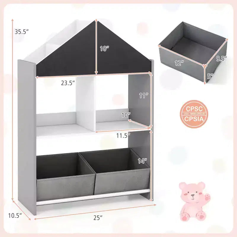 Bibliothèque Maison de Poupées pour Enfants avec Tableau Noir et Blanc, 4 Compartiments Supérieurs Gris/Rose