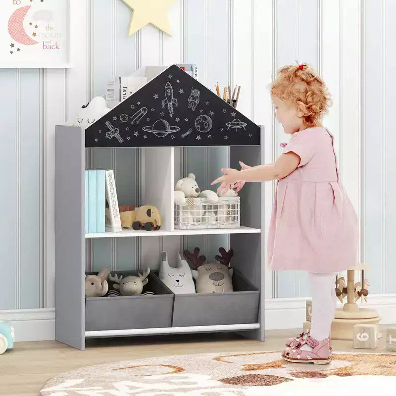 Bibliothèque Maison de Poupées pour Enfants avec Tableau Noir et Blanc, 4 Compartiments Supérieurs Gris/Rose