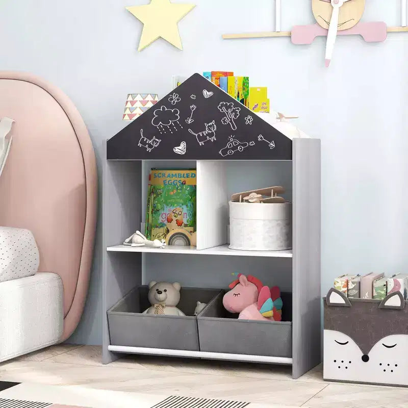 Bibliothèque Maison de Poupées pour Enfants avec Tableau Noir et Blanc, 4 Compartiments Supérieurs Gris/Rose