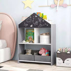 Bibliothèque Maison de Poupées pour Enfants avec Tableau Noir et Blanc, 4 Compartiments Supérieurs Gris/Rose