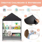 Bibliothèque Maison de Poupées pour Enfants avec Tableau Noir et Blanc, 4 Compartiments Supérieurs Gris/Rose