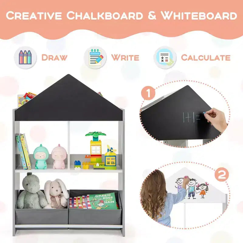 Bibliothèque Maison de Poupées pour Enfants avec Tableau Noir et Blanc, 4 Compartiments Supérieurs Gris/Rose