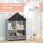Bibliothèque Maison de Poupées pour Enfants avec Tableau Noir et Blanc, 4 Compartiments Supérieurs Gris/Rose