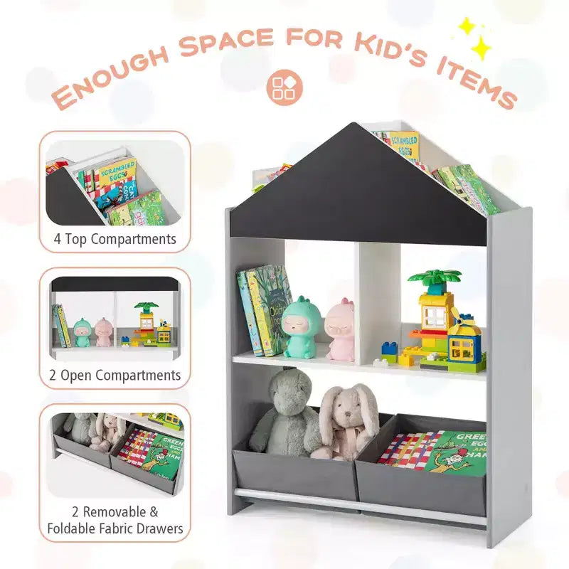 Bibliothèque Maison de Poupées pour Enfants avec Tableau Noir et Blanc, 4 Compartiments Supérieurs Gris/Rose