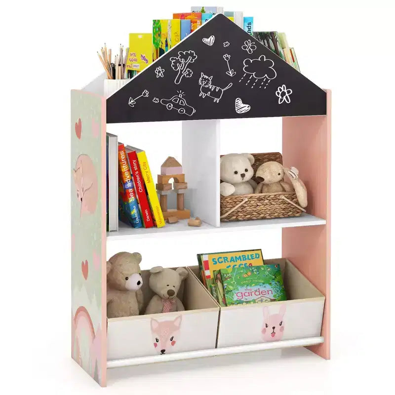 Bibliothèque Maison de Poupées pour Enfants avec Tableau Noir et Blanc, 4 Compartiments Supérieurs Gris/Rose