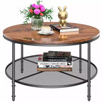 2-Tier Round Coffee Table 35.5 in with Open Storage Shelf and Metal Frame Dark Walnut