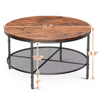 Table basse ronde à 2 niveaux de 90 cm avec étagère de rangement ouverte et cadre en métal Noyer foncé