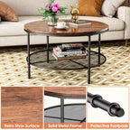 Table basse ronde à 2 niveaux de 90 cm avec étagère de rangement ouverte et cadre en métal Noyer foncé