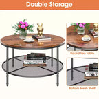 Table basse ronde à 2 niveaux de 90 cm avec étagère de rangement ouverte et cadre en métal Noyer foncé
