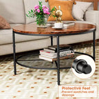 Table basse ronde à 2 niveaux de 90 cm avec étagère de rangement ouverte et cadre en métal Noyer foncé