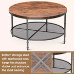 Table basse ronde à 2 niveaux de 90 cm avec étagère de rangement ouverte et cadre en métal Noyer foncé